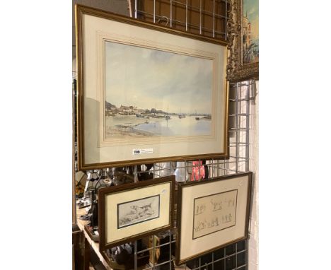 RONALD CRAMPTON: WATERCOULOOUR - BOATS IN LOW TIDE SIGNED TOGETHER WITH 2 PENCIL DRAWINGS: H ALKEN &amp; J C HARRISON: IMPALA