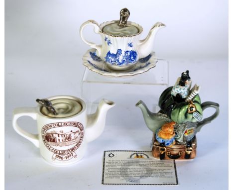 *THREE PAUL CARDEW SPECIAL EDITION ONE CUP NOVELTY POTTERY TEAPOTS, COMPRISING; Limited edition blue and white 'Willow Potter