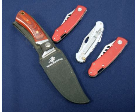 MODERN WINCHESTER HUNTING KNIFE WITH POLISHED HARDWOOD GRIP 9 3/4" (24.8cm) long in black fabric sheath USA BRIGHT METAL MODE