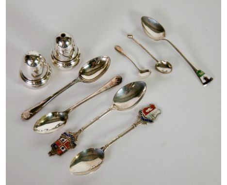 PAIR OF SILVER SALT AND PEPPER POTS, acorn form, Birmingham 1923, THREE VARIOUS HALLMARKED SILVER SOUVENIR SPOONS with enamel