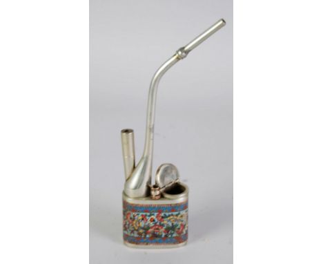 CHINESE WHITE METAL CLOISSONE ENAMEL OPIUM WATER PIPE, enamelled with flowers on a blue ground, hinge cover inscribed, 10" (2