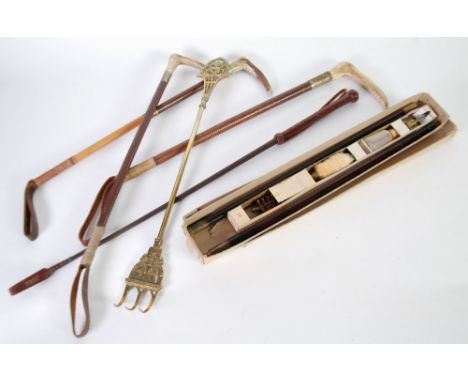 THREE MID TWENTIETH CENTURY RIDING CROPS, stitched and braided leather with staghorn handles, LATER DITTO WITH PLASTIC HANDLE