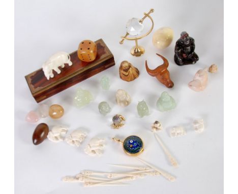 THREE CARVED JADE MODELS OF BEARS, approx. 4cm high, TWO CARVED MODELS OF HOTEI, FOUR VARIOUS CARVED INRO, HARDSTONE EGGS, A 