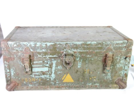 UNITED STATES WORLD WAR II PAINTED WOOD AND METAL MILITARY TRUNK inscribed to Jack Bartlett 0-359127 bears makers metal label