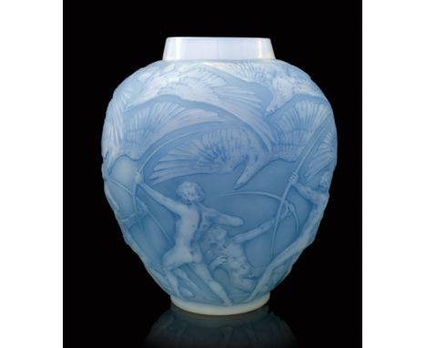 Rene Lalique, an Archers cased opalescent glass vase, model 893, designed circa 1921, frosted and blue stained, incised mark 