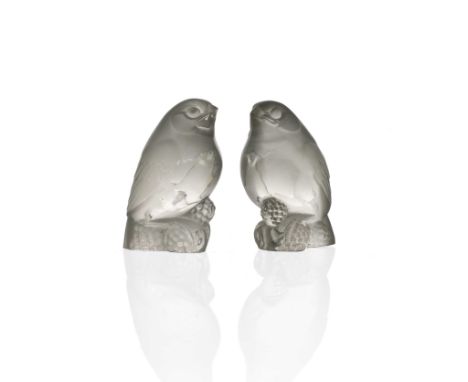 Rene Lalique, two Bellecour Bird glass paperweights, model 993-A, designed circa 1927, frosted and polished, etched marks R L