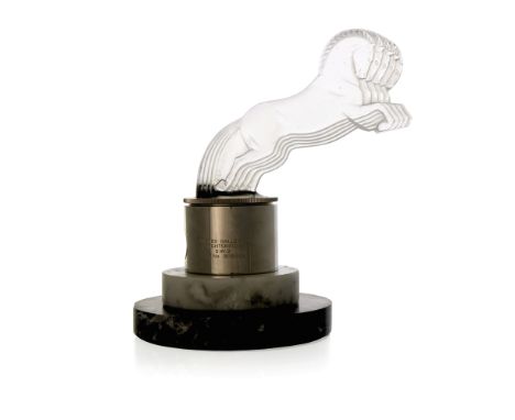 Rene Lalique, a Cinq Chevaux glass car mascot, model 1122, designed circa 1925, polished and frosted, moulded mark R Lalique,