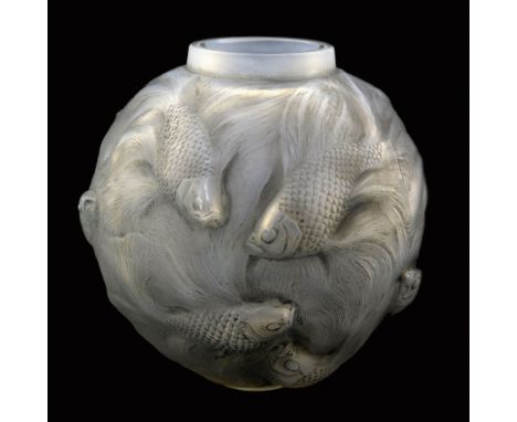 Rene Lalique, a Formose double cased opalescent glass vase, model 934, designed circa 1924, frosted and grey stained, etched 