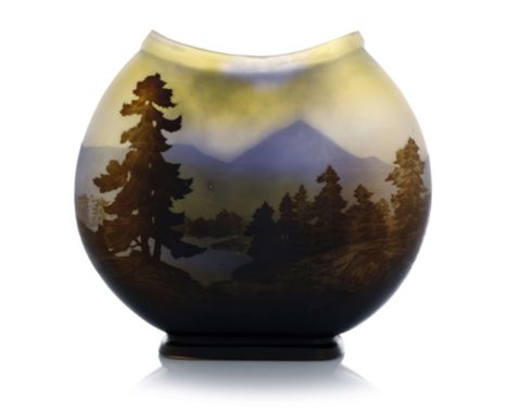 Emile Galle, a cameo glass landscape vase, circa 1900, flattened circular shouldered form on square foot, purple over yellow,