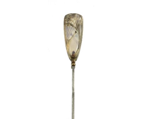 A French opalescent glass stick pin, circa 1920, moulded and highlighted with staining, the head 3.2cm long