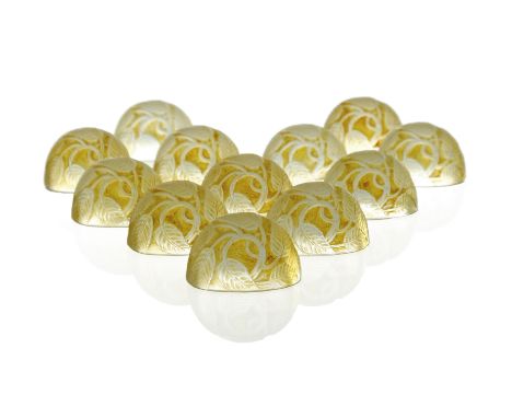 Rene Lalique, a set of twelve Feuilles glass menu holders, model 3503, designed circa 1924, frosted, polished and yellow stai