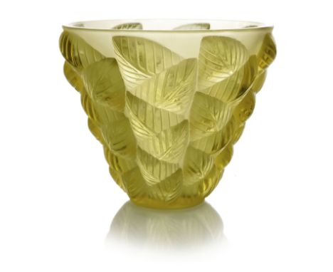 Rene Lalique, a Moissac yellow amber glass vase, model 992, designed circa 1927, frosted and polished, wheel engraved mark R 