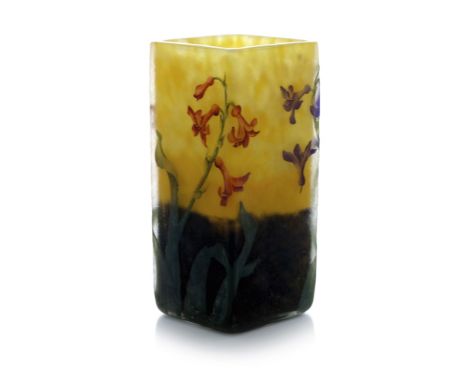 Daum, a pate de verre enamelled glass vase, cuboid form, carved with purple and red penstemon, on yellow to purple ground, en