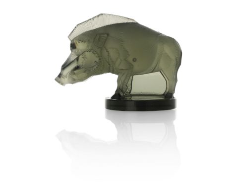 Rene Lalique, a Sanglier smoky grey glass car mascot, model 1157, designed circa 1929, frosted sage green, moulded mark R Lal