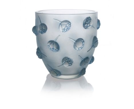 Rene Lalique, a Pivoines glass vase, model 10-908, designed circa 1937, frosted and blue stained, etched mark R Lalique, Fran