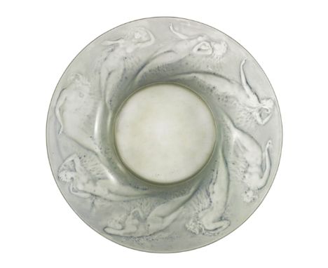 Rene Lalique, a rare Sirenes glass bowl, model 375, designed circa 1920, frosted and blue stained coupe form, incised mark La