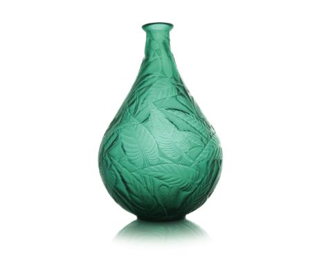 Rene Lalique, a Sauge green glass vase, model 935, designed circa 1923, with white staining, intaglio moulded mark R Lalique,