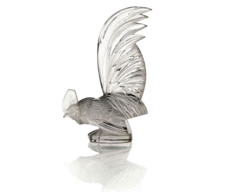 Rene Lalique, a Coq Nain glass car mascot, model 1135, designed circa 1928, polished and frosted with faint amethyst hue, mou