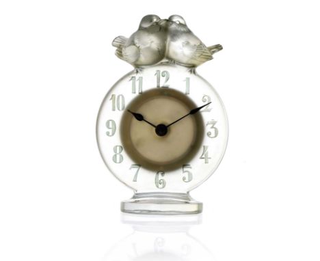 Rene Lalique, an Antoinette glass clock, model 767, designed circa 1931, frosted, with green staining, etched marks R Lalique