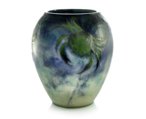 Gabriel Argy-Rousseau, a pate de verre glass vase, ovoid form, relief moulded with crabs and seaweed, in green over marbled b