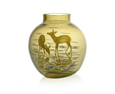 Gabriel Argy-Rousseau, a lustre painted glass vase, shouldered spherical form, decorated with deer in water in gold and silve