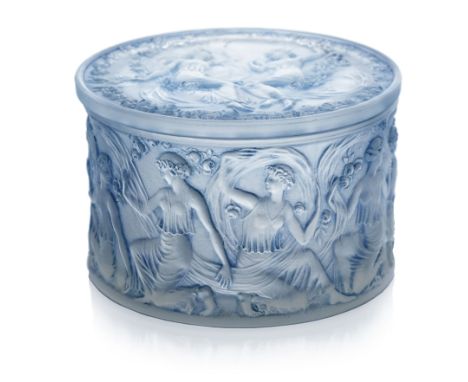 Rene Lalique, a Figurines et Voiles glass box, model 97, designed circa 1929, blue stained, moulded marks R Lalique Made in F