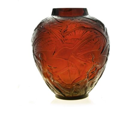 Rene Lalique, an Archers red amber glass vase, model 893, designed circa 1921, frosted and polished, intaglio moulded mark R 