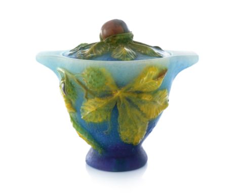 Henri Berge for Amalric Walter, a pate de verre glass vase and cover, circa 1920, twin handled pedestal form, relief moulded 