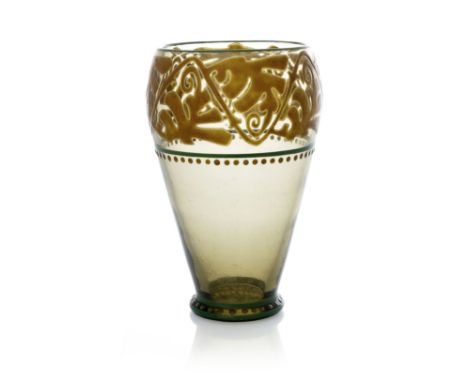 Marcel Goupy, an enamelled glass vase, circa 1925, conical ovoid form, decorated with a raised band of stylised vine leaves w