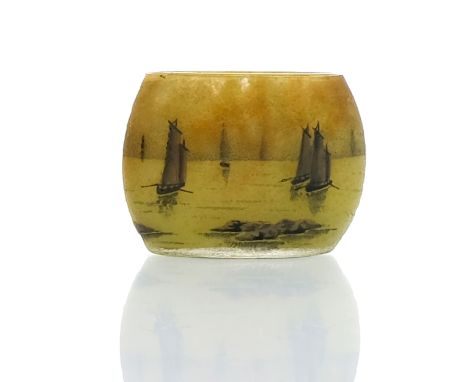 Daum, a miniature pate de verre enamelled glass vase, oval barrel form, orange and yellow marbled, carved in relief and paint