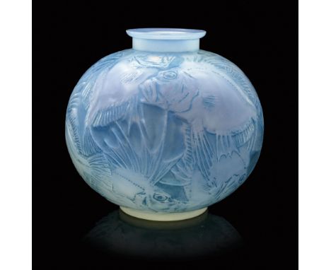 Rene Lalique, a Poissons opalescent glass vase, model 925, designed circa 1921, frosted and blue stained, incised marks R Lal