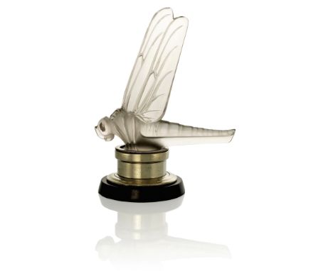 Rene Lalique, a Libellule Grande glass car mascot, model 1145, designed circa 1928, polished and frosted with faint amethyst 