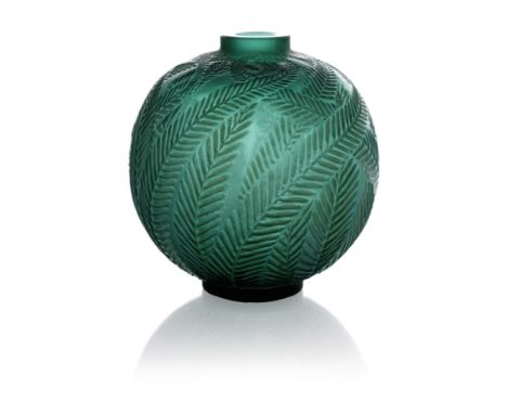 Rene Lalique, a Palmes green glass vase, model 952, designed circa 1923, stained and frosted detailing, relief moulded marks 