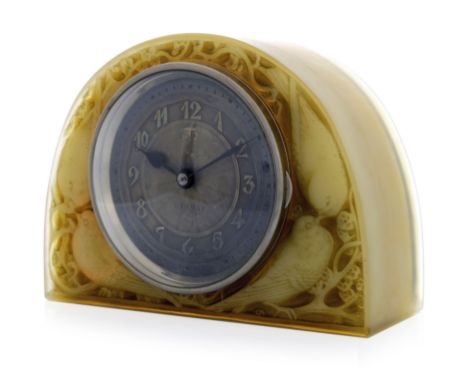 Rene Lalique, a Moineaux butterscotch amber glass clock, model ATO-3, designed circa 1924, opaque frosted, moulded mark R Lal