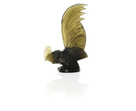 Rene Lalique, a Coq Nain topaz glass car mascot, model 1135, designed circa 1928, frosted and polished, moulded mark R Laliqu