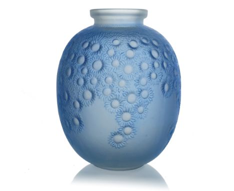 Rene Lalique, a Marguerites glass vase, model 922, designed circa 1923, frosted and blue stained, etched mark R Lalique, Fran