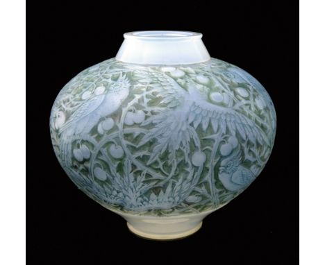 Rene Lalique, an Aras opalescent glass vase, model 919, designed circa 1924, green blue stained, engraved marks R Lalique Fra