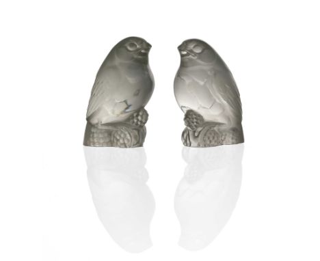 Rene Lalique, two Bellecour Bird glass paperweights, model 993-A, designed circa 1927, frosted and polished, etched marks R L