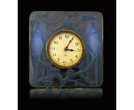 Rene Lalique, an Inseperables opalescent glass clock, model 765, designed circa 1926, blue stained, polished and frosted, mou
