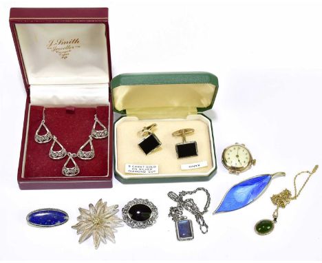 A small group of costume jewellery including a David Andersen silver and pale blue enamelled leaf brooch, length 70mm, variou