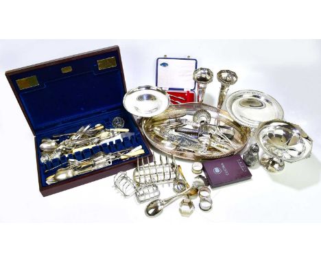 A quantity of assorted silver plate to include a galleried tray, a comport, assorted flatware, etc.