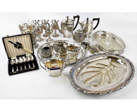 A quantity of silver plate including goblets, flatware, circular tray, etc. 