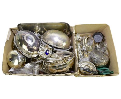 A large collection of assorted silver plate and metalware to include two rotating warming dishes, tea kettle on stand, flatwa