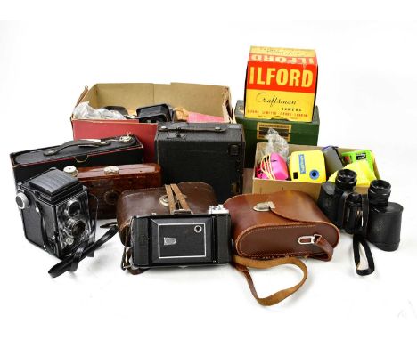 A collection of vintage cameras and equipment, to include an Ilford craftsman camera, no.2 Hawkette bakelite example, etc.