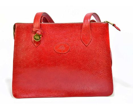 MULBERRY; a vintage red ostrich skin large shoulder bag with logo to front, two top handles, with brass tone hardware zip top