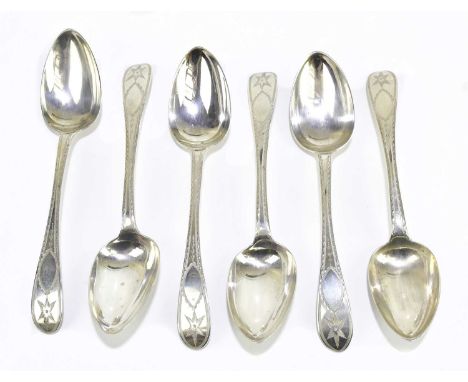 CHARLES MARSH; a set of six George IV hallmarked silver dessert spoons with bright cut decoration, Dublin 1827, approx weight