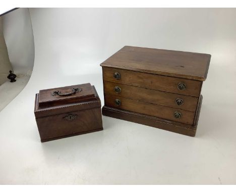 A mahogany tea caddy, together with a mahogany three drawer collectors' chest, 25cm x 41cm x 37cm.