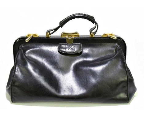 ZAFFIRO; a large black soft nappa leather vintage Gladstone style handbag with maker's logo to top flap, gold tone hardware, 