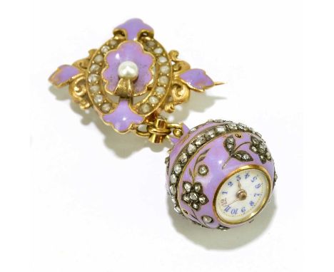 A Victorian gilt metal and purple enamelled fob watch brooch, modelled with an oval brooch, set with glass stones and pearl, 
