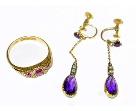 An 18ct yellow gold ruby and diamond ring, size O, approx. 2.6g, and a pair of 9ct yellow gold amethyst and pearl drop earrin